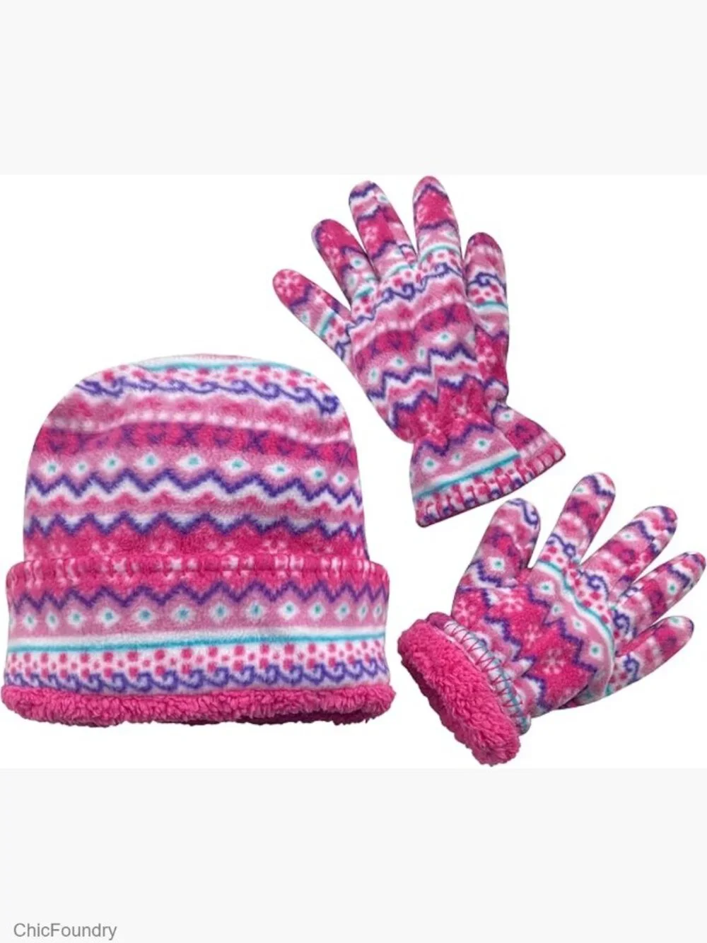 Girls Fleece Hat and Gloves Set Sherpa Lined Winter Accessory